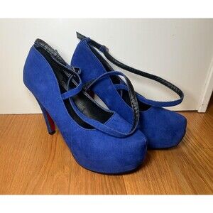 Platform Mary Jane High Heels Shoes Womens Size 8 Blue Suede Ankle Strap Pumps